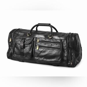 Genuine Leather Large Black Duffle Bag – Travel Gym Weekend Carry-On